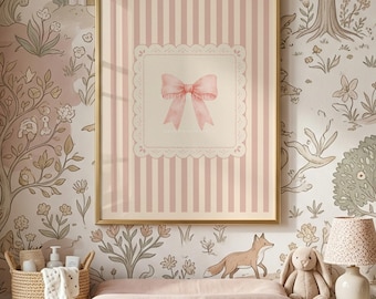 Bow Print, Soft Blush Pink Nursery Decor  Striped Kids Poster, Whimsical Toddlers Decor