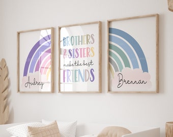 Brothers and Sisters Make the Best Friends – Set of 3 Purple & Blue Rainbow Prints – Shared Bedroom or Playroom Wall Art