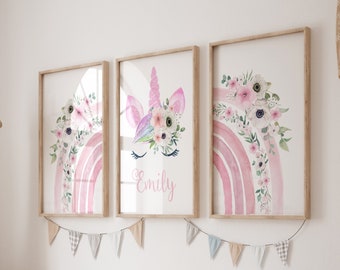 Meisjes eenhoornafdrukken, eenhoorn meisjes slaapkamer kunst aan de muur, eenhoorn decor, bloemen meisjes prints, roze, tween decor, meisjes slaapkamer decor