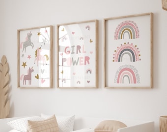 Unicorn Wall Art for Girls Bedroom – Pink Rainbow Prints, Magical Nursery Decor, Girls Room Posters, Unicorn Gift Ideas