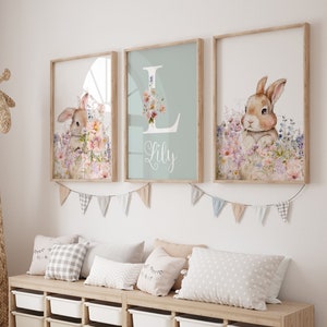 Floral Bunny Prints, Girls Rabbit Prints, Sage Green, Name, Personalised, Girls Nursery, Girls Bedroom Prints, Little Girls Pictures