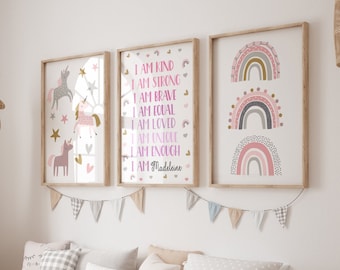 Girls Affirmation Prints, Unicorn Prints, Unicorn Poster Set, Girls Bedroom Wall Art, Unicorn Decor, Positive Tween Prints, Pink, Kids Room