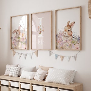 Floral Bunny Prints, Girls Rabbit Prints, Floral Crown, Name, Personalised, Girls Nursery, Dusky Pink, Girls Bedroom Prints