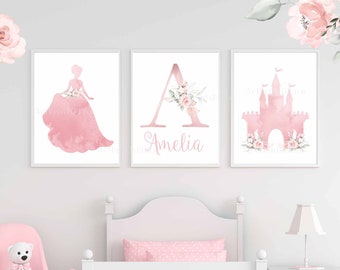 Set of 3 Princess Prints, Girls Bedroom Wall Art, Princess Prints, Pink Princess Decor, Pink Flowers, Blush Floral, Girls Baby Nursery