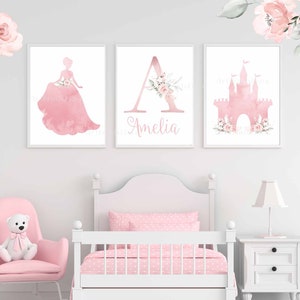 Set of 3 Princess Prints, Girls Bedroom Wall Art, Princess Prints, Pink Princess Decor, Pink Flowers, Blush Floral, Girls Baby Nursery