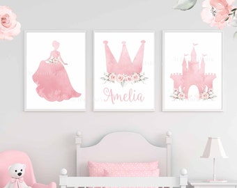 Set of 3 Princess Prints, Little Girls Bedroom Wall Art, Pink Princess Prints, Floral Crown, Pink Flowers, Blush Floral, Name, Personalised
