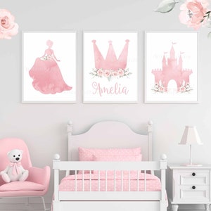 Set of 3 Princess Prints, Little Girls Bedroom Wall Art, Pink Princess Prints, Floral Crown, Pink Flowers, Blush Floral, Name, Personalised