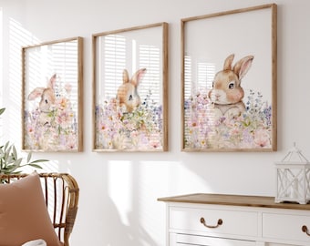 Bunny Rabbit Prints, Nursery Decor, Wildflower Animals, Set of 3 Prints, Little Girls Bedroom Wall Art, Posters