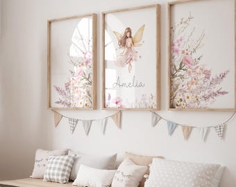 Set of 3 fairy Prints - Personalised Fairy Name Print - Dusky Pink Nursery Wall Art - Girls Bedroom Decor - Wildflower Nursery Art