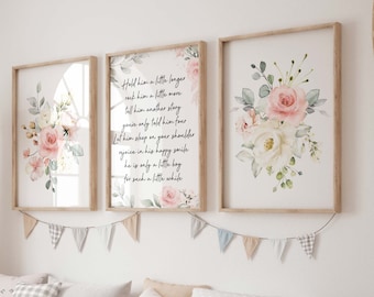 Rose Nursery Prints - Baby Girl Wall Art - Floral Watercolor Decor - Hold Her a Little Longer Quote - Newborn Gift - Blush Pink Prints