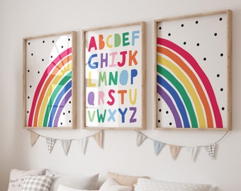 Playroom Prints, Alphabet and Rainbow Prints, Set of 3, Boys Playroom, Girls Playroom, Bright and Colourful Kids Wall Art, Unframed