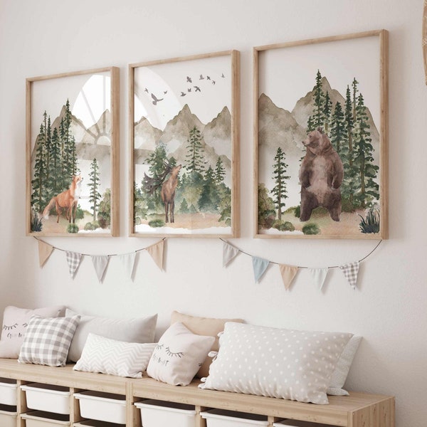 Adventure Nursery Wall Art, Mountain Nursery Decor, Forest Prints, Wildlife, Set of 3, Baby Boy Nursery, Watercolour, Bear, Fox, Deer