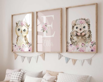 Estampados de animales del bosque para la habitación de una niña