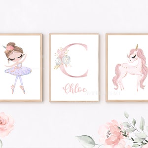 Girls Ballet Prints, Pink Ballerina Wall Art, Unicorn, Pretty Girls Bedroom Decor, Tween Ballet Prints, Set of three, Lilac Ballerina