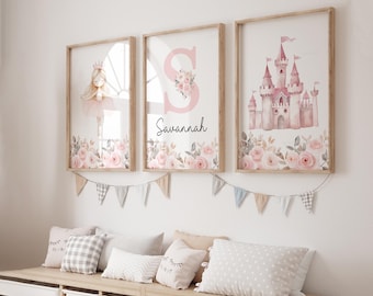 Princess Wall Art, Girls Princess Prints, Castle, Name, Personalised, Girls Nursery, Soft Pink, Fairy Tale, Girls Bedroom Decor