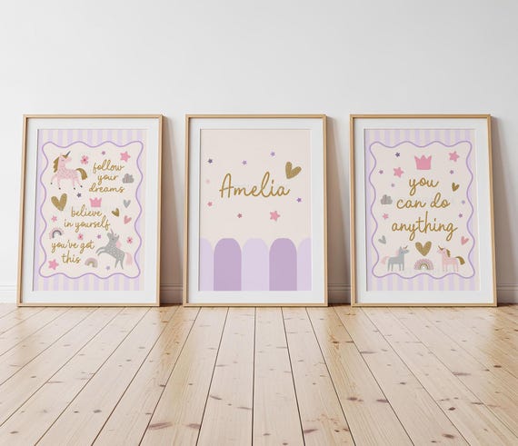 Lilac and Purple Unicorn Prints, Personalised, Tween Wall Artwork, Little Girls Bedroom Prints, Custom Name