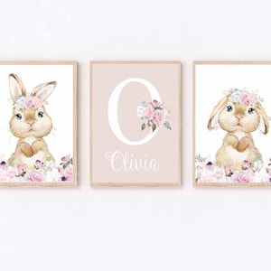 Floral Bunny Prints, Girls Rabbit Prints, Floral Crown, Name, Personalised, Girls Nursery, Dusky Pink, Girls Bedroom Prints