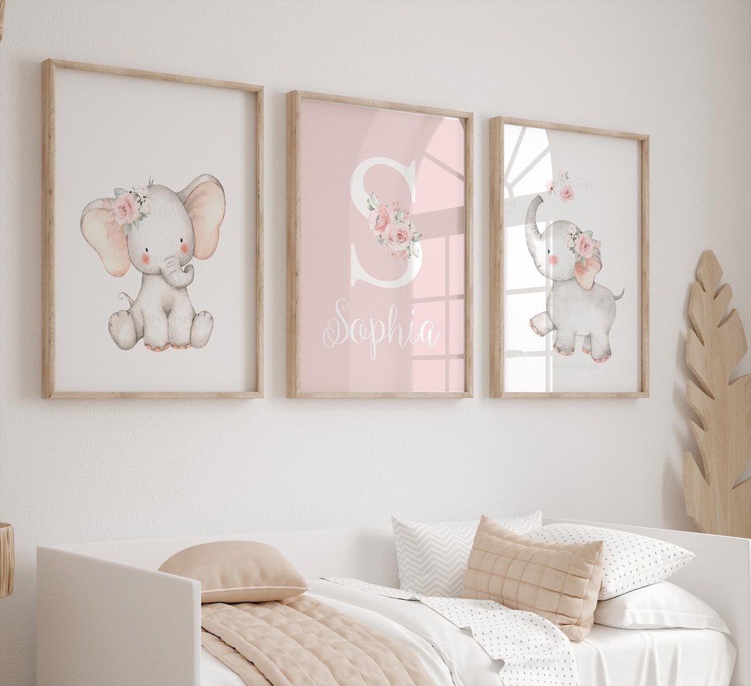 Set of 3 Pink Elephant Nursery Prints, Baby Girl Wall Art - Etsy