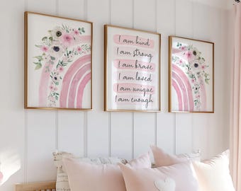 Rainbow Watercolor Girls Prints, Positive Affirmation Wall Art Set, Little Girls Bedroom Wall Art, Girly Prints, Pink Girls Bedroom Decor