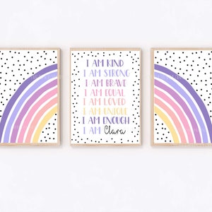 Tween Girls Prints, Positive Motivational Sayings, Set of 3, Rainbow Style Room, Purple and Pinks, Personalised Girls Wall Art