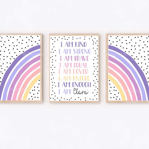 Tween Girls Prints, Positive Motivational Sayings, Set of 3, Rainbow Style Room, Purple and Pinks, Personalised Girls Wall Art