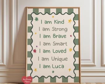 Boys Affirmation Print, Checkerboard, Green, Little Boys Positive Poster, Kids Wall Art