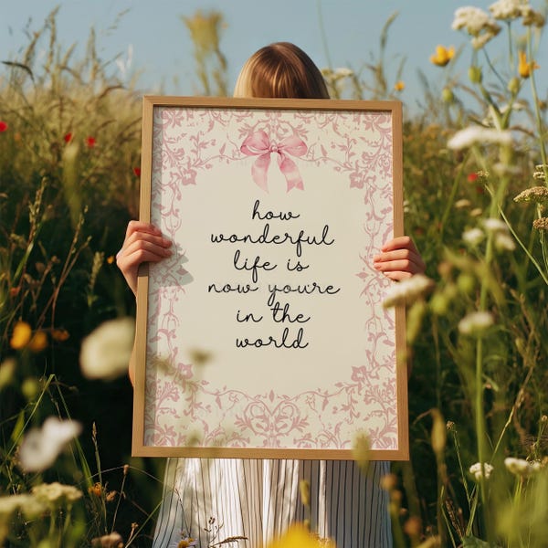 May include: A framed print with the quote "how wonderful life is now you're in the world" in black script. The print has a light pink floral design and a pink bow. The frame is a light brown color.