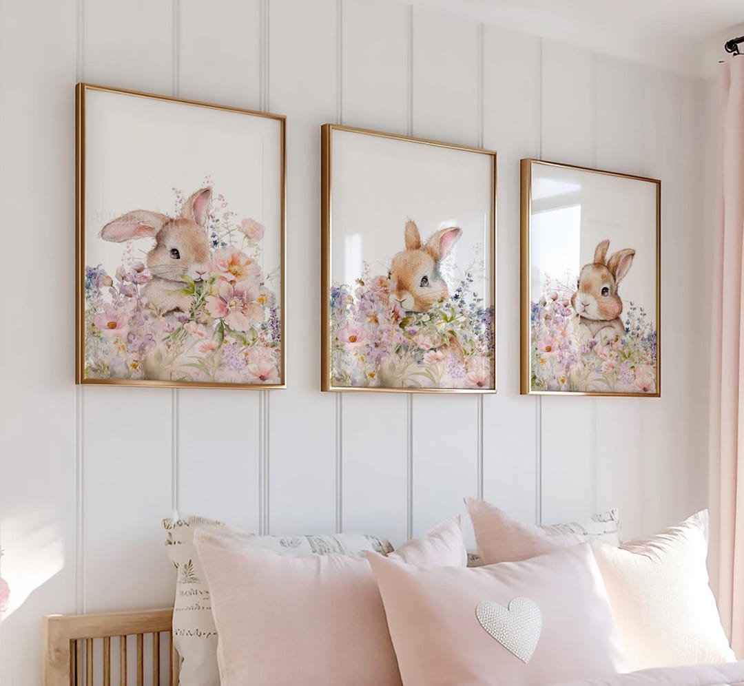 Bunny Rabbit Prints, Nursery Decor, Wildflower Animals, Set of 3 Prints ...