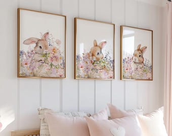 Bunny Rabbit Prints, Nursery Decor, Wildflower Animals, Set of 3 Prints, Little Girls Bedroom Wall Art, Posters, Cottagecore