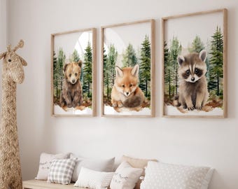 Woodland Animal Prints, Woodland Nursery Wall Art Gift, Baby Boy Nursery Decor, Forest Animal Prints, Watercolor Bear, Fox & Raccoon,