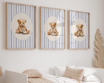 Prints for a Baby Boy Nursery, Teddy Bear Prints, Navy and Blue