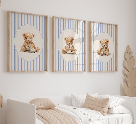 Prints for a Baby Boy Nursery, Teddy Bear Prints, Navy and Blue