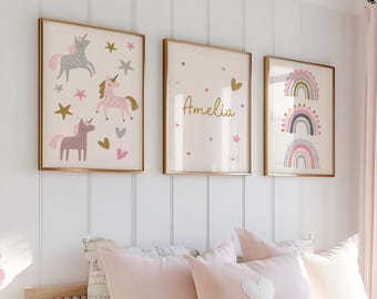 Unicorn Wall Art for Girls Bedroom, Pink Rainbow Nursery Prints, Magical Unicorn Decor, Girls Room Poster Set, Cute Unicorn Gift Idea