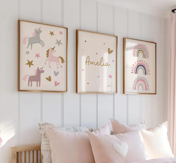 Unicorn Wall Art for Girls Bedroom, Pink Rainbow Nursery Prints, Magical Unicorn Decor, Girls Room Poster Set, Cute Unicorn Gift Idea