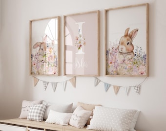 Pink Floral Bunny Prints, Set of 3 Girls Rabbit Prints, Name, Personalised, Girls Nursery Decor Wall Art, Dusky Pink Baby Girls Room Prints