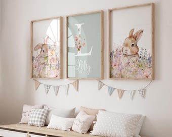 Floral Bunny Prints, Girls Rabbit Prints, Sage Green, Name, Personalised, Girls Nursery, Girls Bedroom Prints, Little Girls Pictures