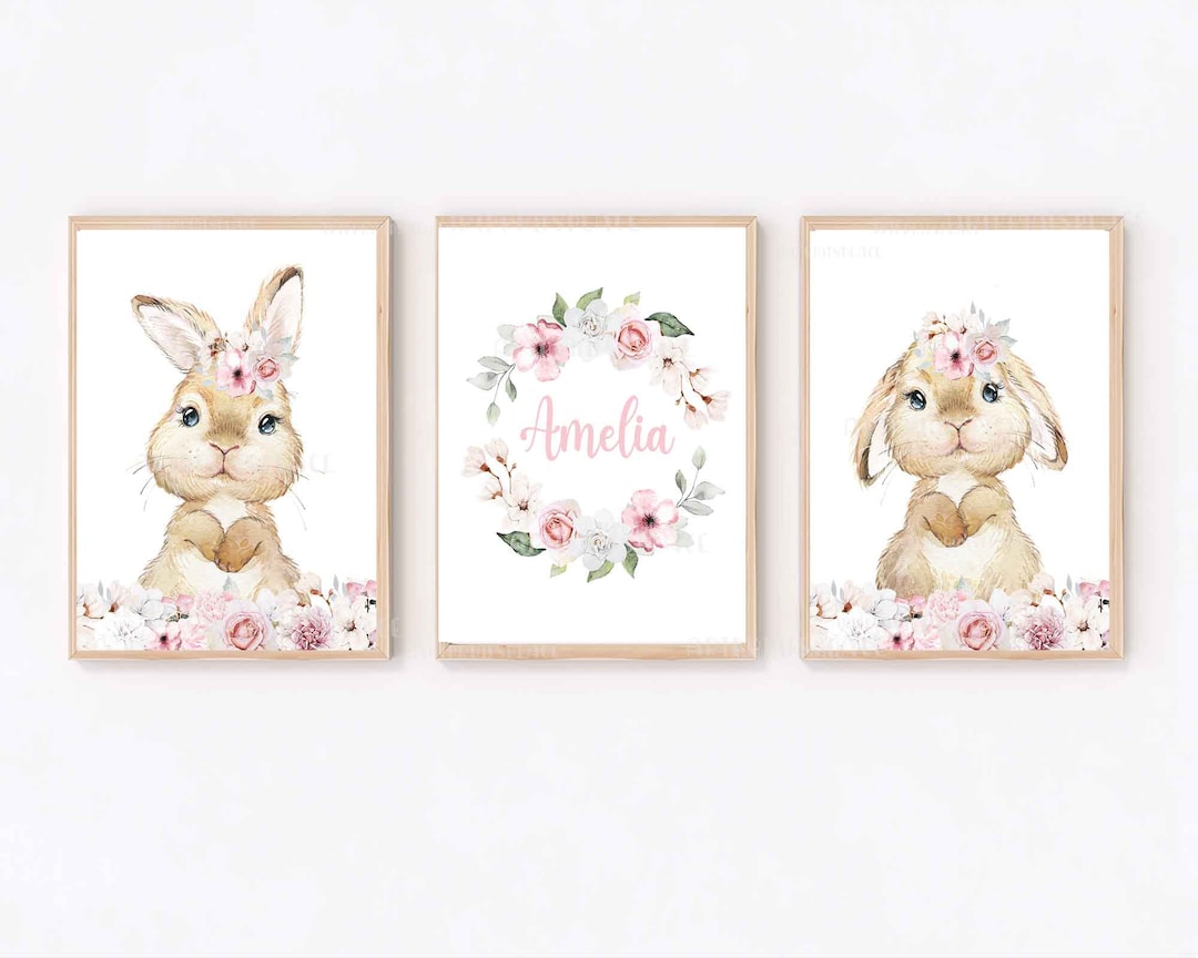 Set of 3 Floral Bunny Prints, Personalised Name, Little Girls Room Wall ...
