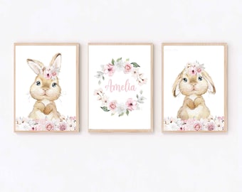 Set of 3 Floral Bunny Prints, Personalised Name, Little Girls Room Wall Art, Rabbit Prints, Baby Girl Nursery Prints, Blush, Pink
