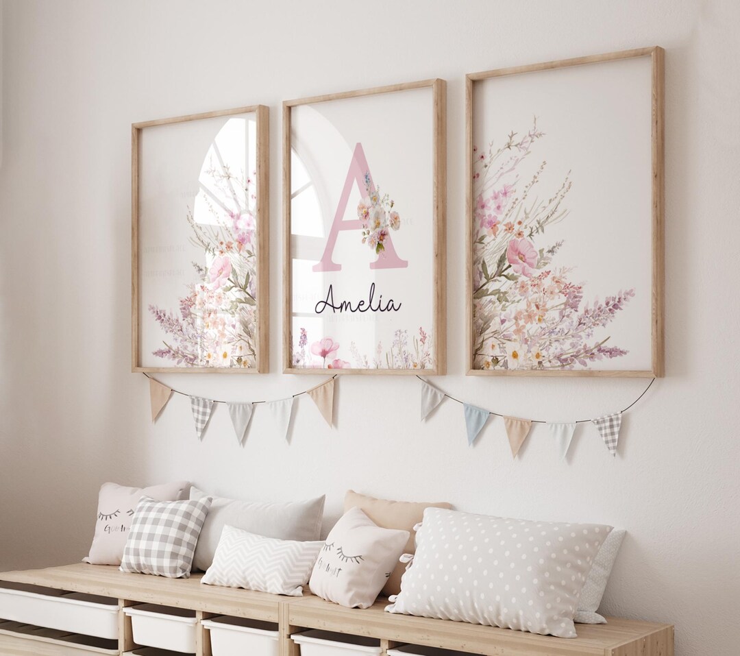 Girls Wildflower Nursery Prints, Floral, Name, Personalised, Girls ...