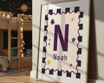Personalised Checkerboard Name Print, Modern, Little Boys Poster, Kids Wall Art