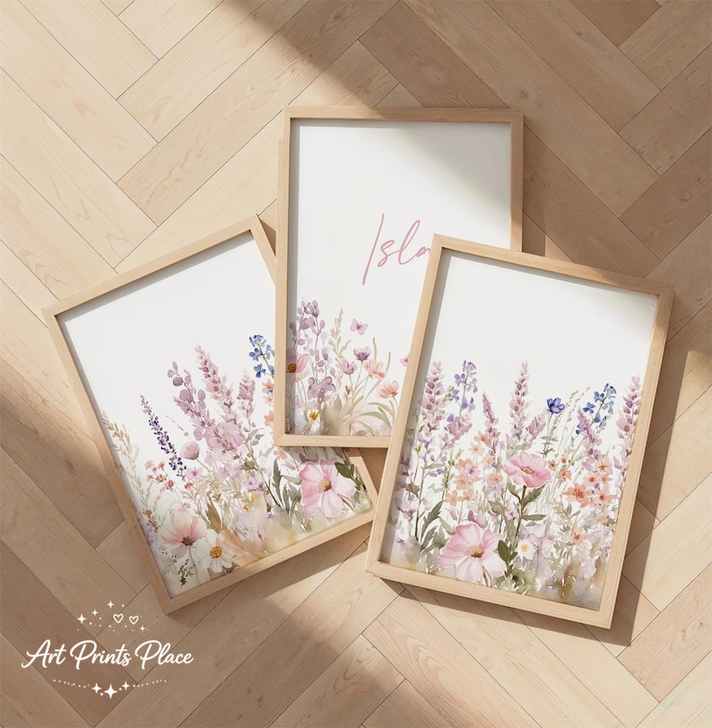 Girls Wildflower Nursery Prints, Floral Meadow, Custom Name ...