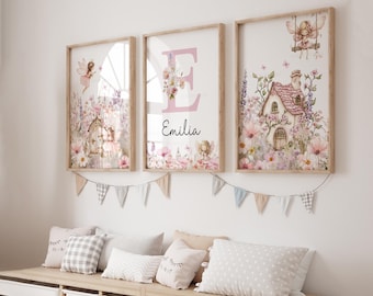 Girls Fairy Nursery Prints, Personalised Name, Girls Nursery, Whimsical Set of 3, Magical, Woodland Fairy, Enchanted, Pink Boho Fairy Prints