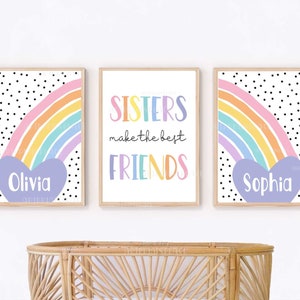 Sisters Bedroom Prints, Shared Bedroom Wall Art, Twins, Rainbow Girls Room, Personalised Name, Bright, Twin Girls Name Print, Gift