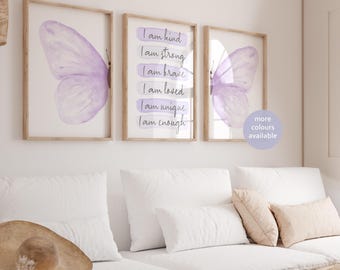 Tween Girls Bedroom Prints, Lavender and Purple, Set of 3, Butterfly Wall Art, Girly Posters, Motivational, Teens Decor