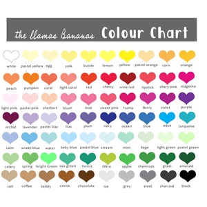May include: A colour chart with the title "the llamas Bananas Colour Chart". The chart features a variety of colours, each represented by a heart shape. The colours are organised into rows and columns, with labels for each colour.