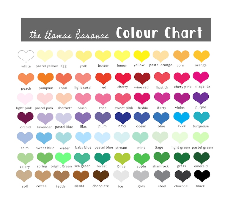 May include: A colour chart with the title "the llamas Bananas Colour Chart". The chart features a variety of colours, each represented by a heart shape. The colours are organised into rows and columns, with labels for each colour.