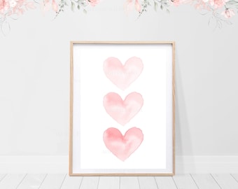 Watercolour Heart Prints, Girls Bedroom Decor, Girls Wall Art, Pink Hearts, Soft Wall Art, Bedroom Prints