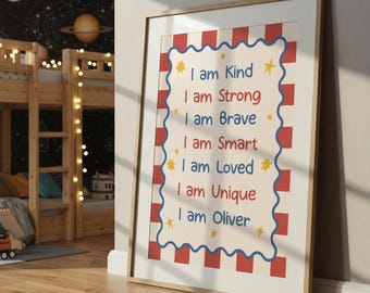 Boys Affirmation Print – Personalised Nursery Wall Art, Red & Blue, Boys Room Decor, Motivational Kids Wall Art