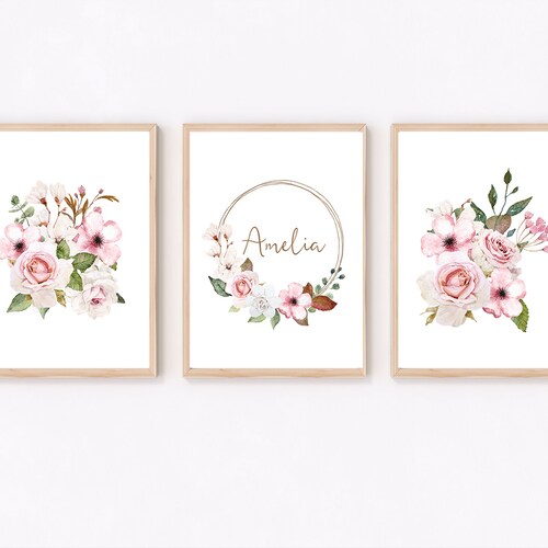 Blush Pink Floral Nursery Wall Art Prints Pink Watercolor Etsy