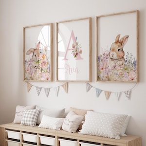 Bunny Nursery Prints, Floral, Watercolour, Personalised, Name, Pink, Wildflowers, Little Girls Wall Art, Nursery Prints, Rabbits zdjęcie 1